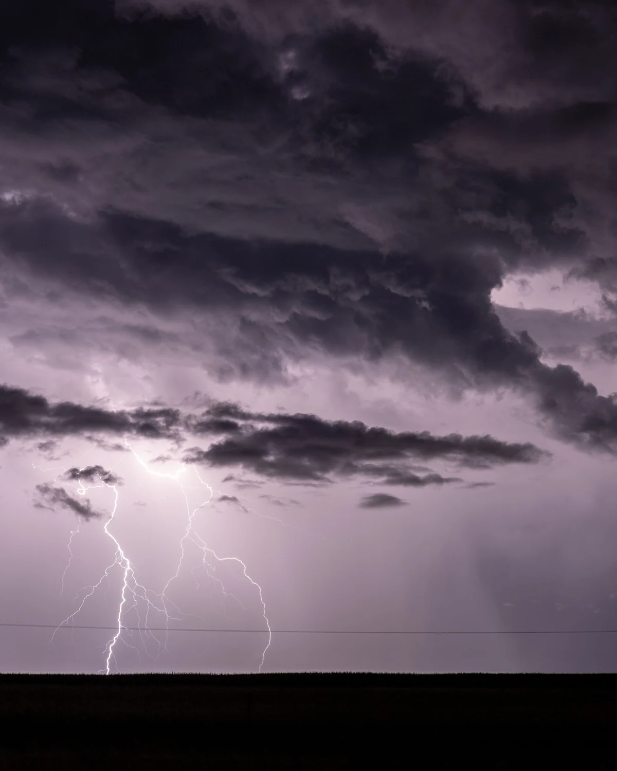 A branching lightning channel over a dark flat landscape photographed at night from a distance.