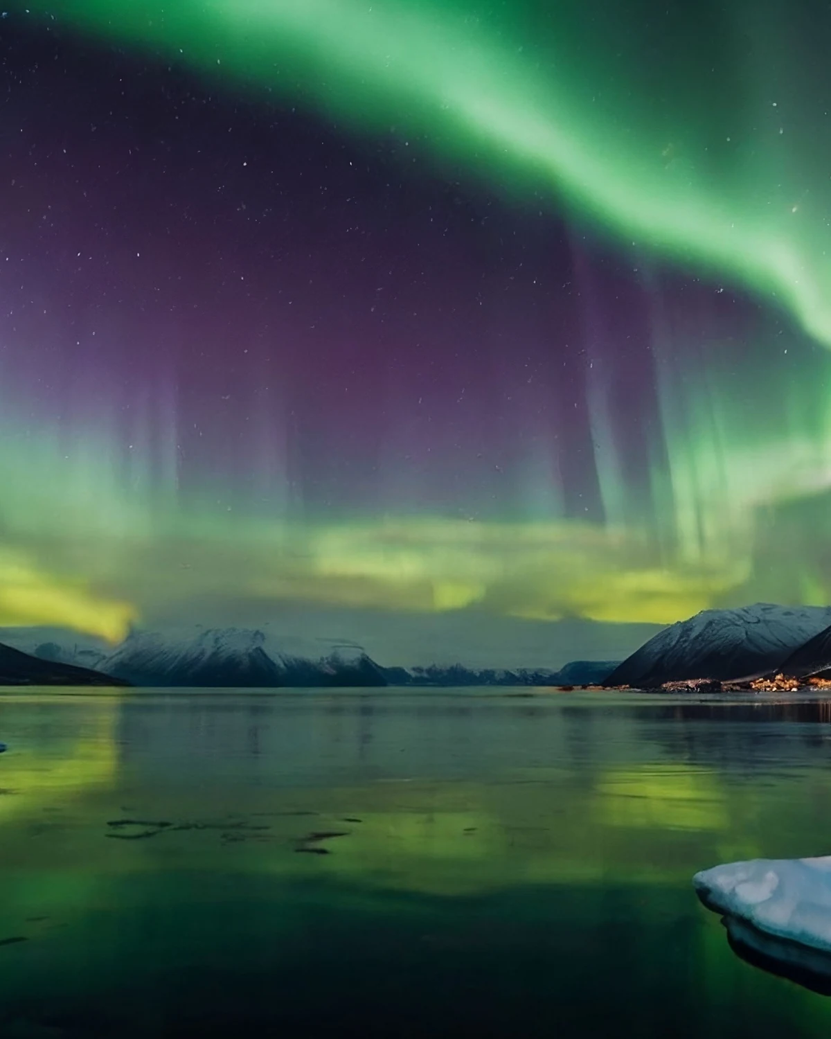 A green and violet auroral curtain over a snowy shoreline reflected in still water.