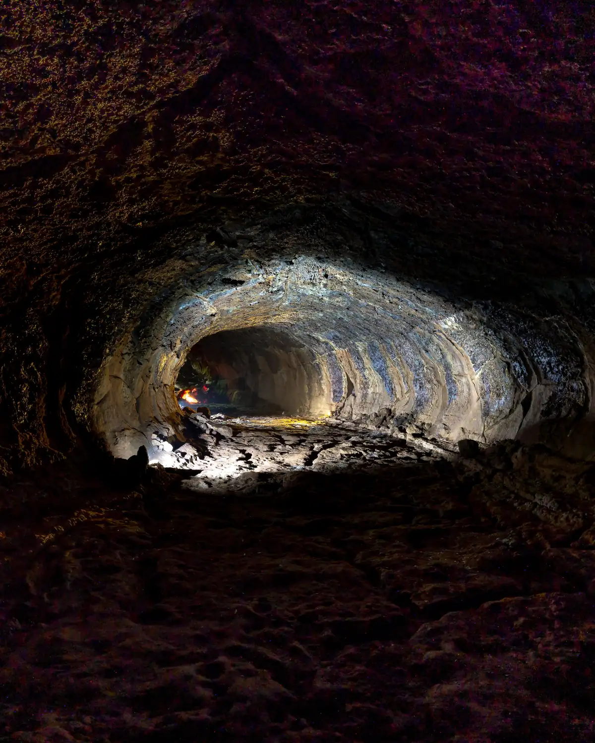 A dark tubular cave passage of bare rock receding away from the viewer into deep shadow.