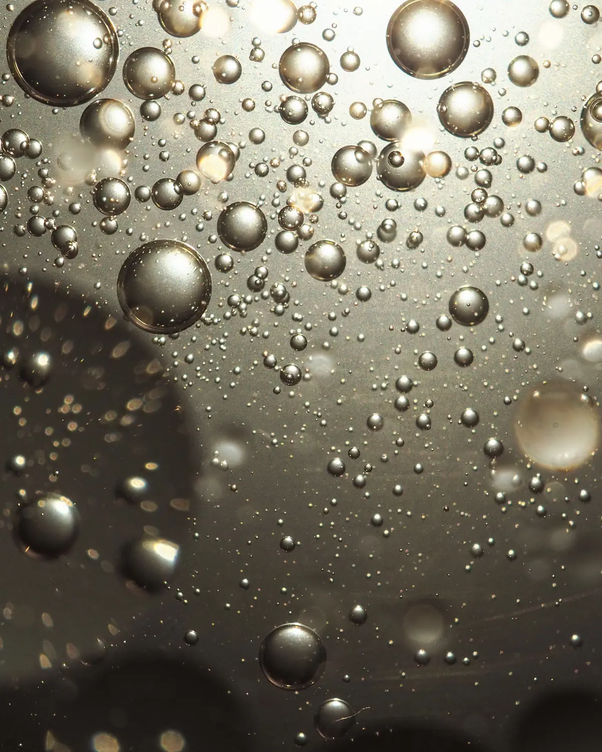 Round oil droplets of different sizes floating on the surface of water, seen close up.