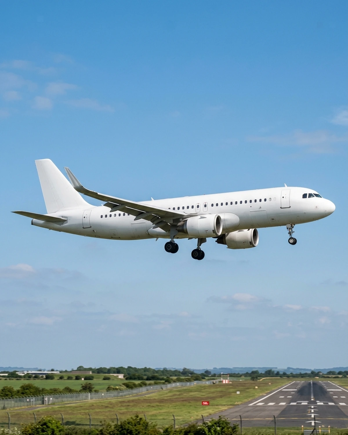 An unbranded twin-engine passenger jet on final approach with landing gear and flaps extended