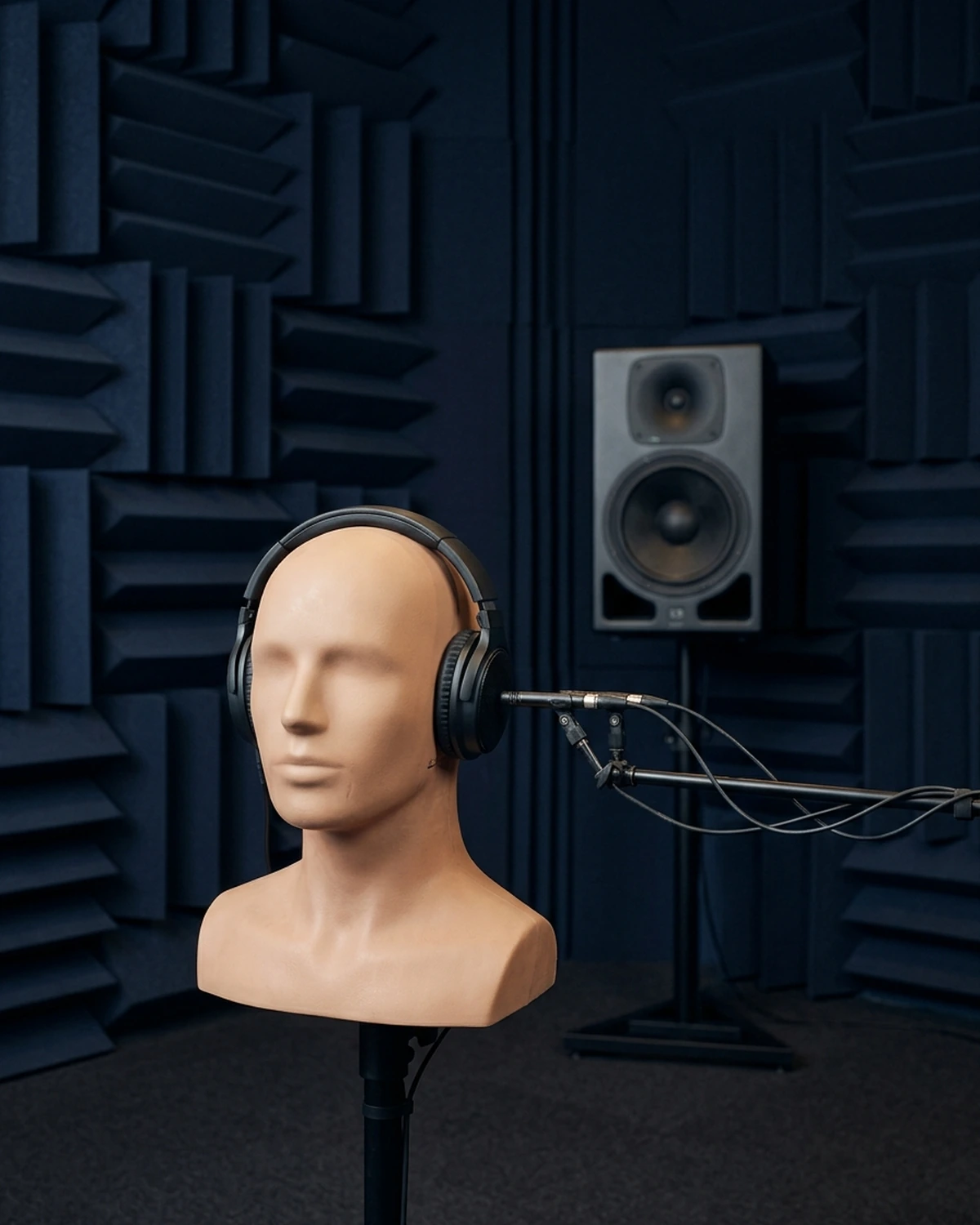 An acoustic measurement head wearing headphones between microphones and a laboratory loudspeaker