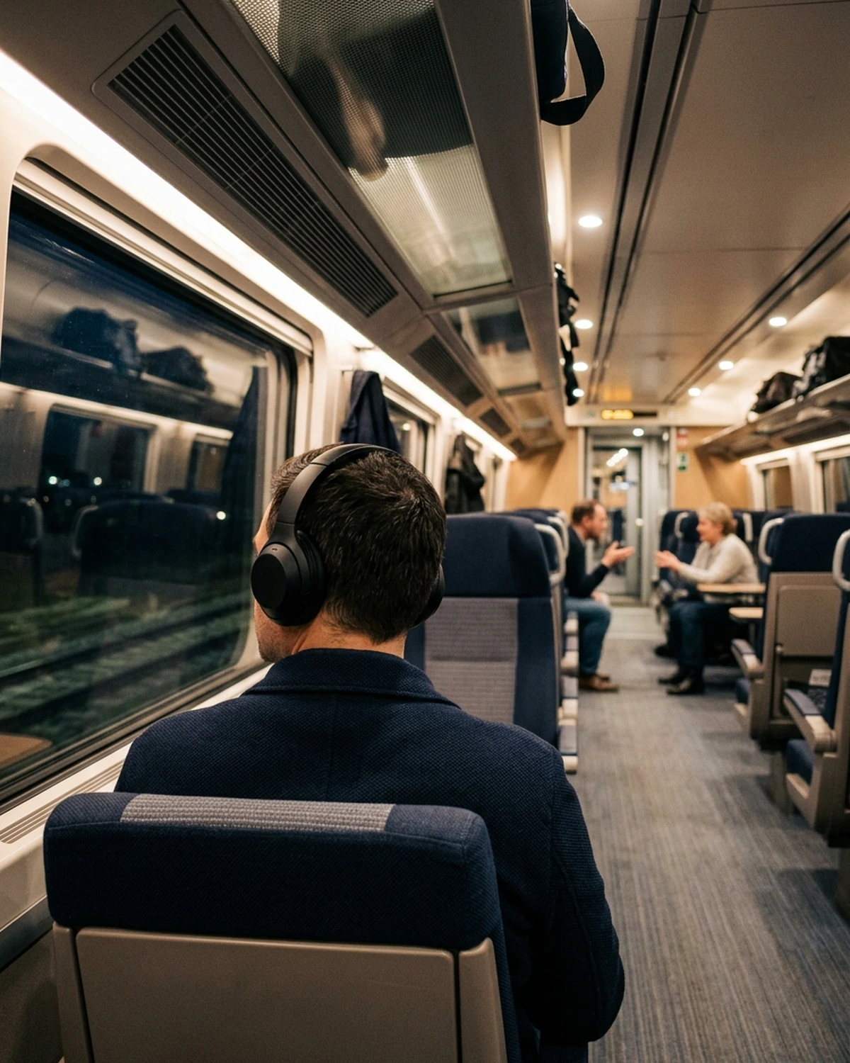 A train passenger wearing headphones while two people converse farther down the carriage