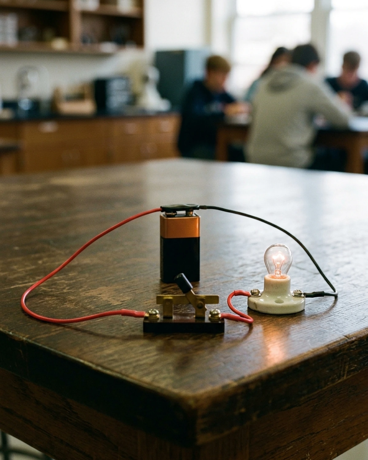 A low-voltage classroom circuit connecting a nine-volt battery, closed switch and glowing bulb