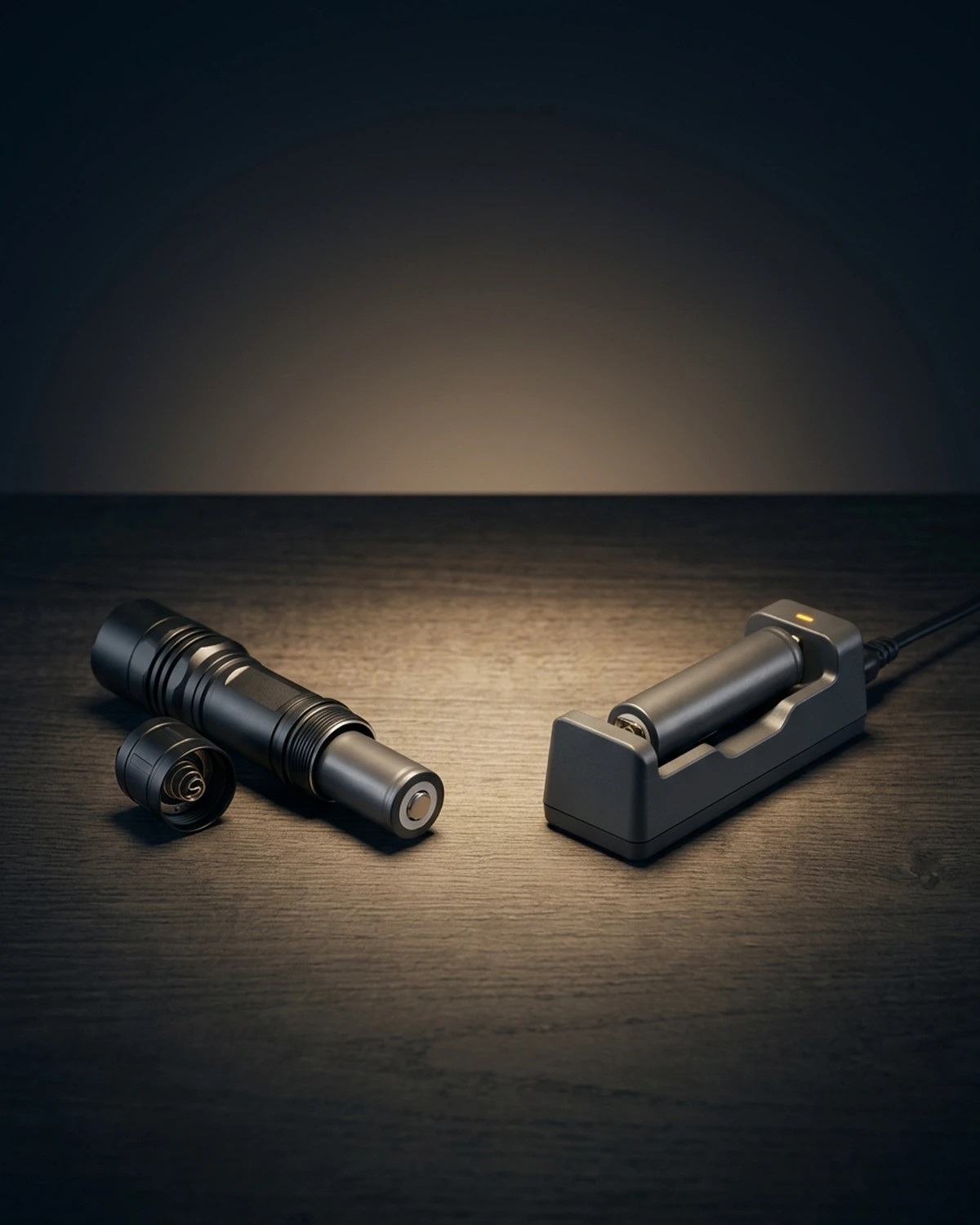 An open rechargeable flashlight beside a single-cell charger holding a cylindrical battery