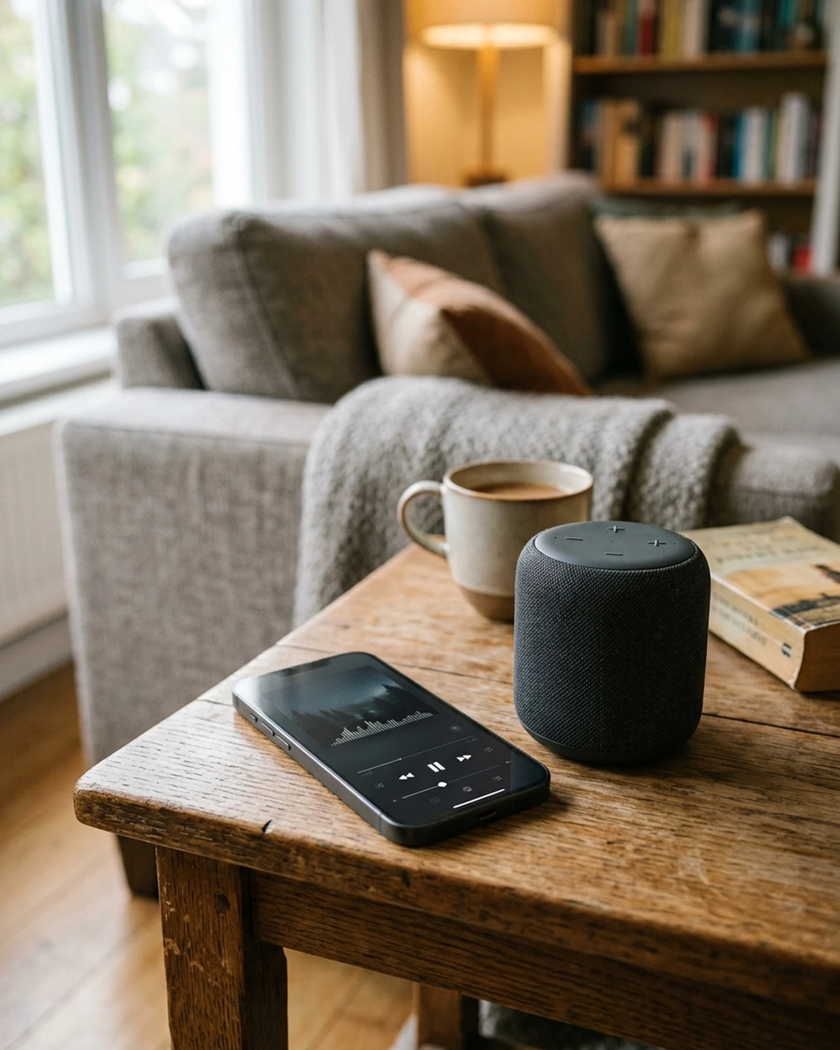 A smartphone playing audio beside a small wireless speaker on a living-room table