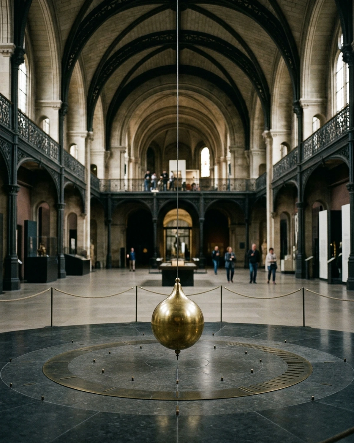 A brass Foucault pendulum suspended inside a large museum hall