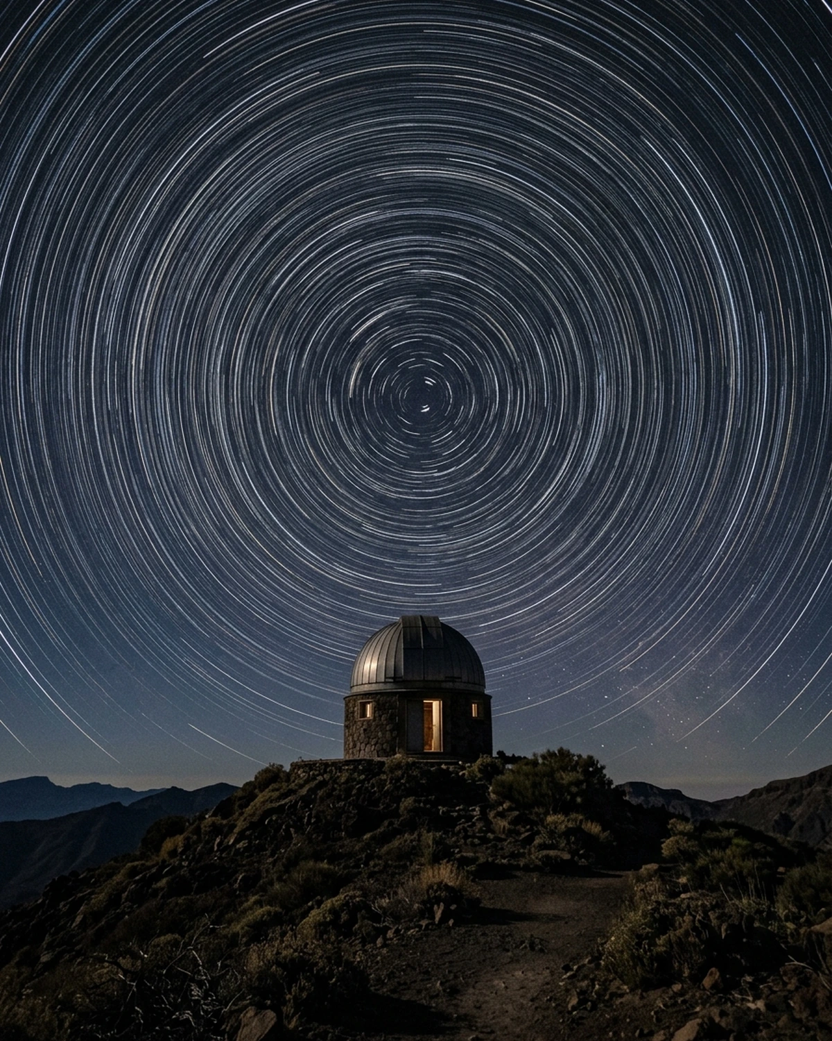 Long-exposure star trails circling above a small mountain observatory
