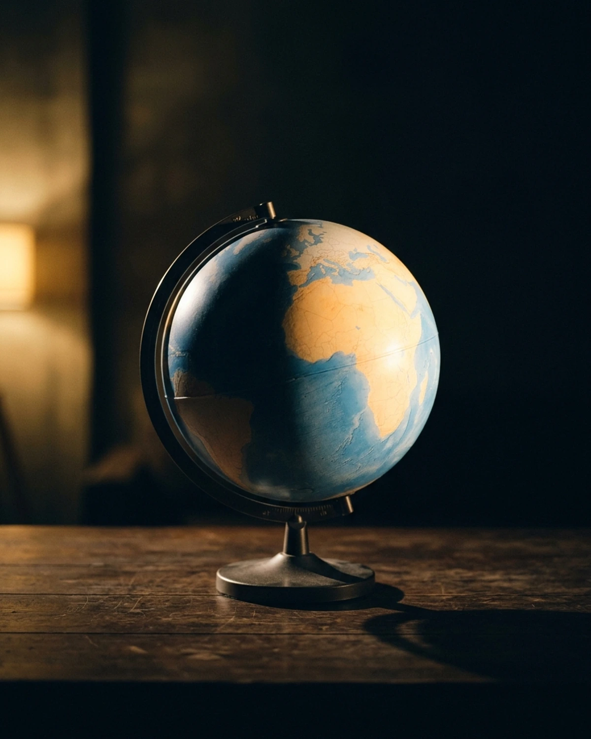 A classroom globe on a dark table with one hemisphere illuminated by a warm lamp and the opposite hemisphere in shadow