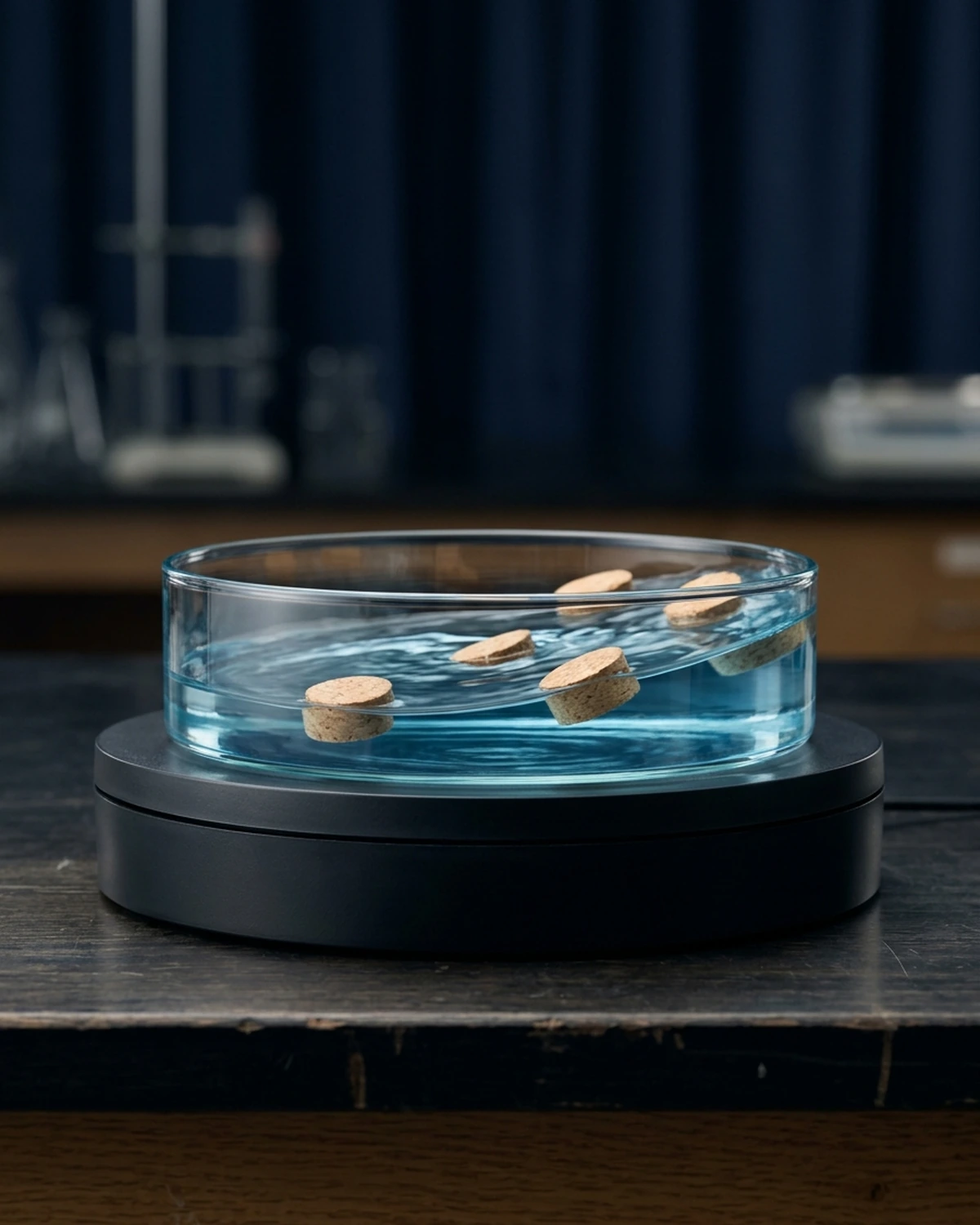 A shallow circular tank of blue water continues to slosh on a stationary laboratory turntable, with small cork markers moving with the water