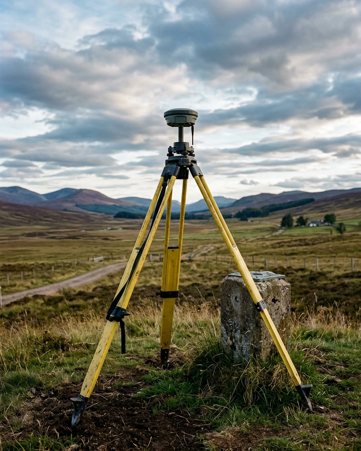 A satellite-navigation survey receiver on a tripod beside a field benchmark under open sky