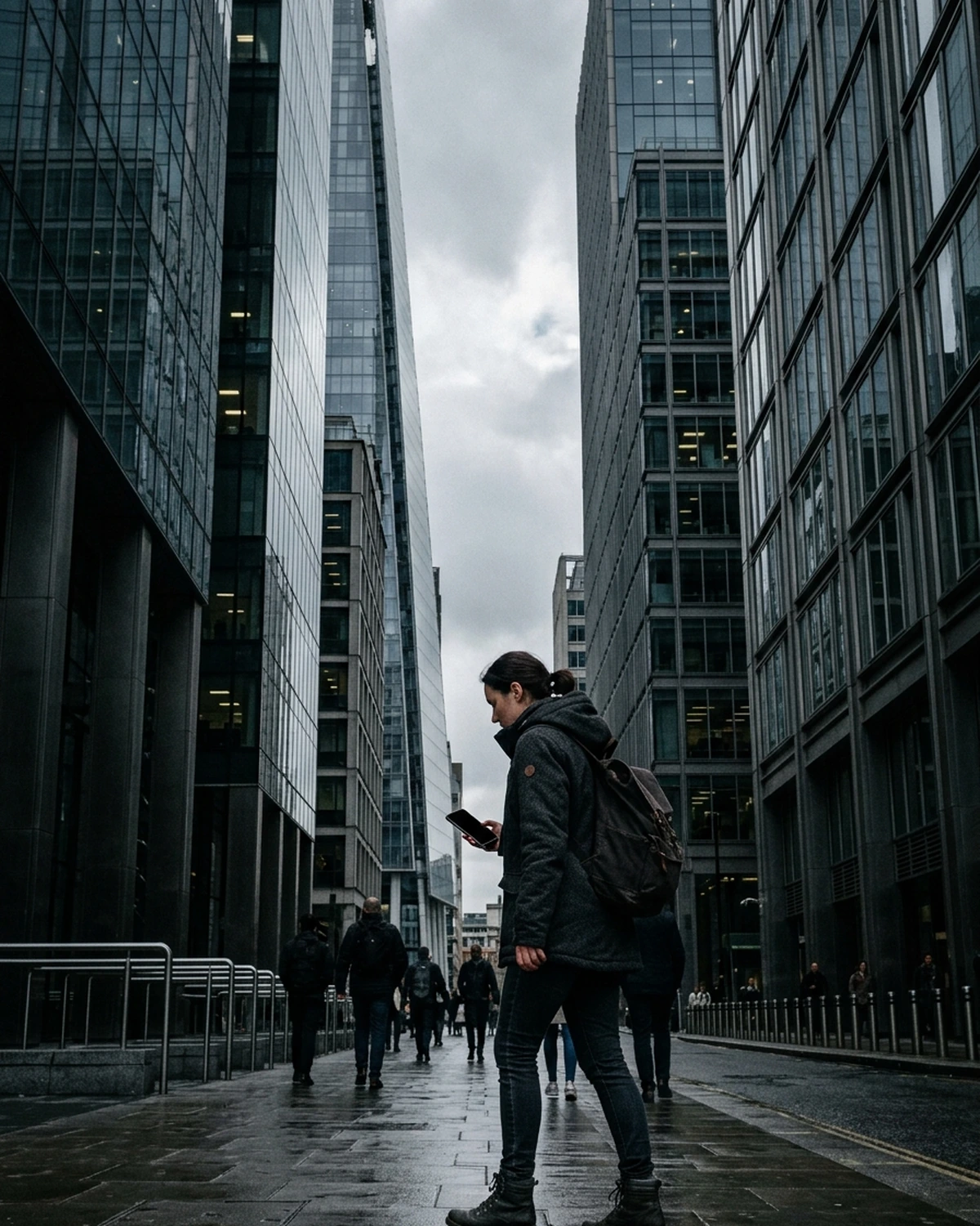 A person checking a dark-screen smartphone between tall glass buildings with only a narrow strip of sky visible