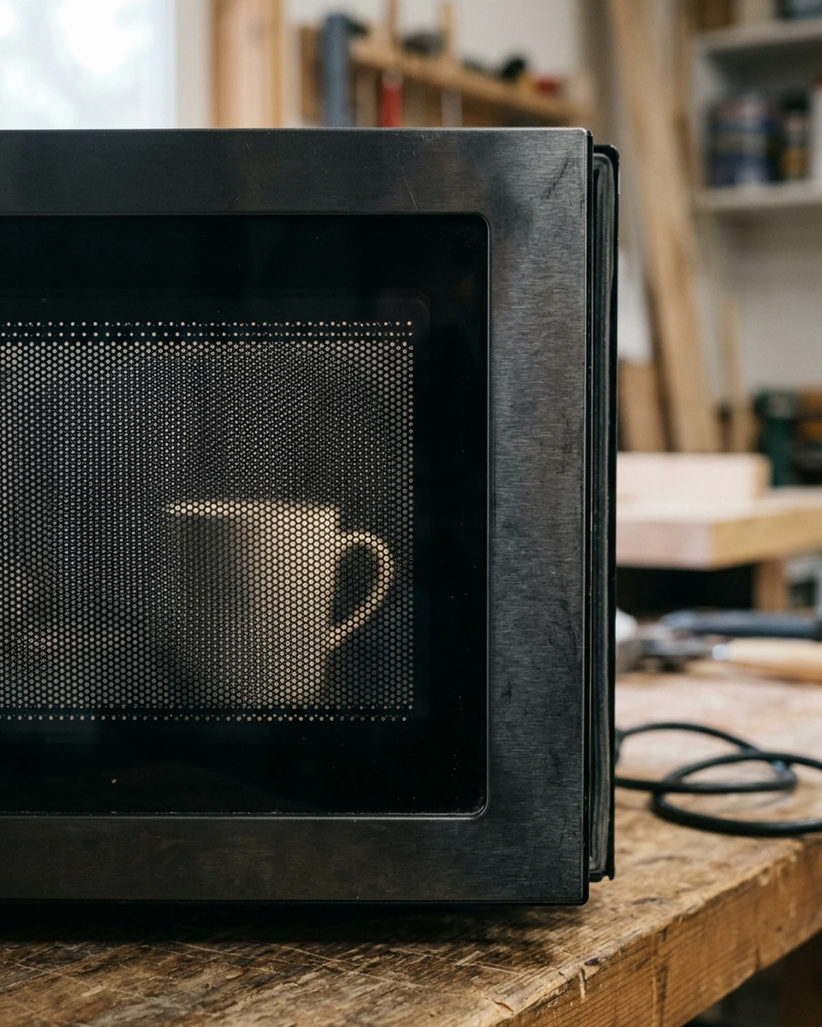 Close view of the perforated metal mesh in an intact microwave door with a mug visible behind it
