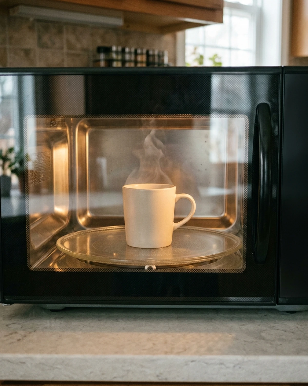 A steaming ceramic mug centered on the glass turntable inside a closed microwave oven