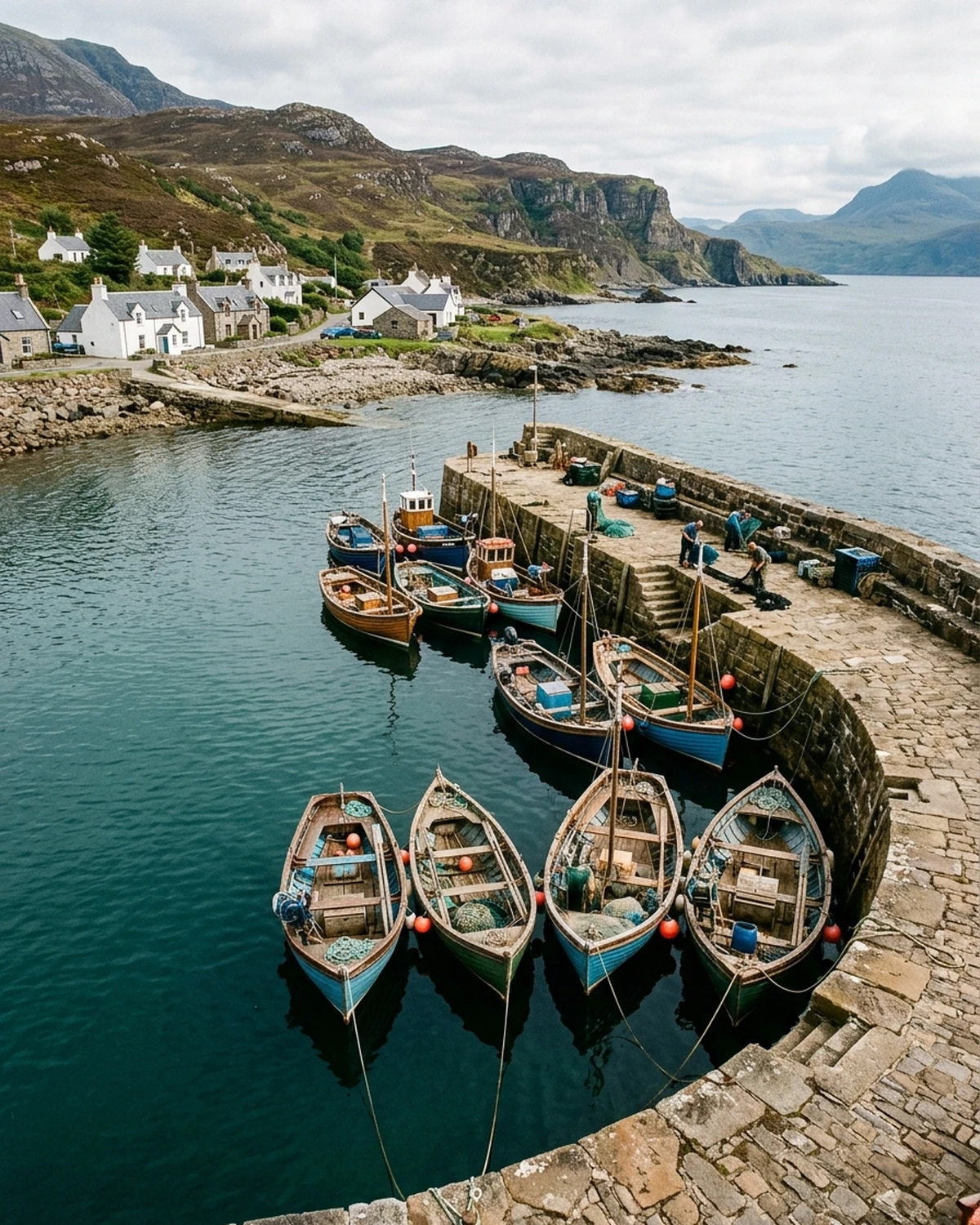 Fishing boats floating beside a stone quay in a small harbor at high tide