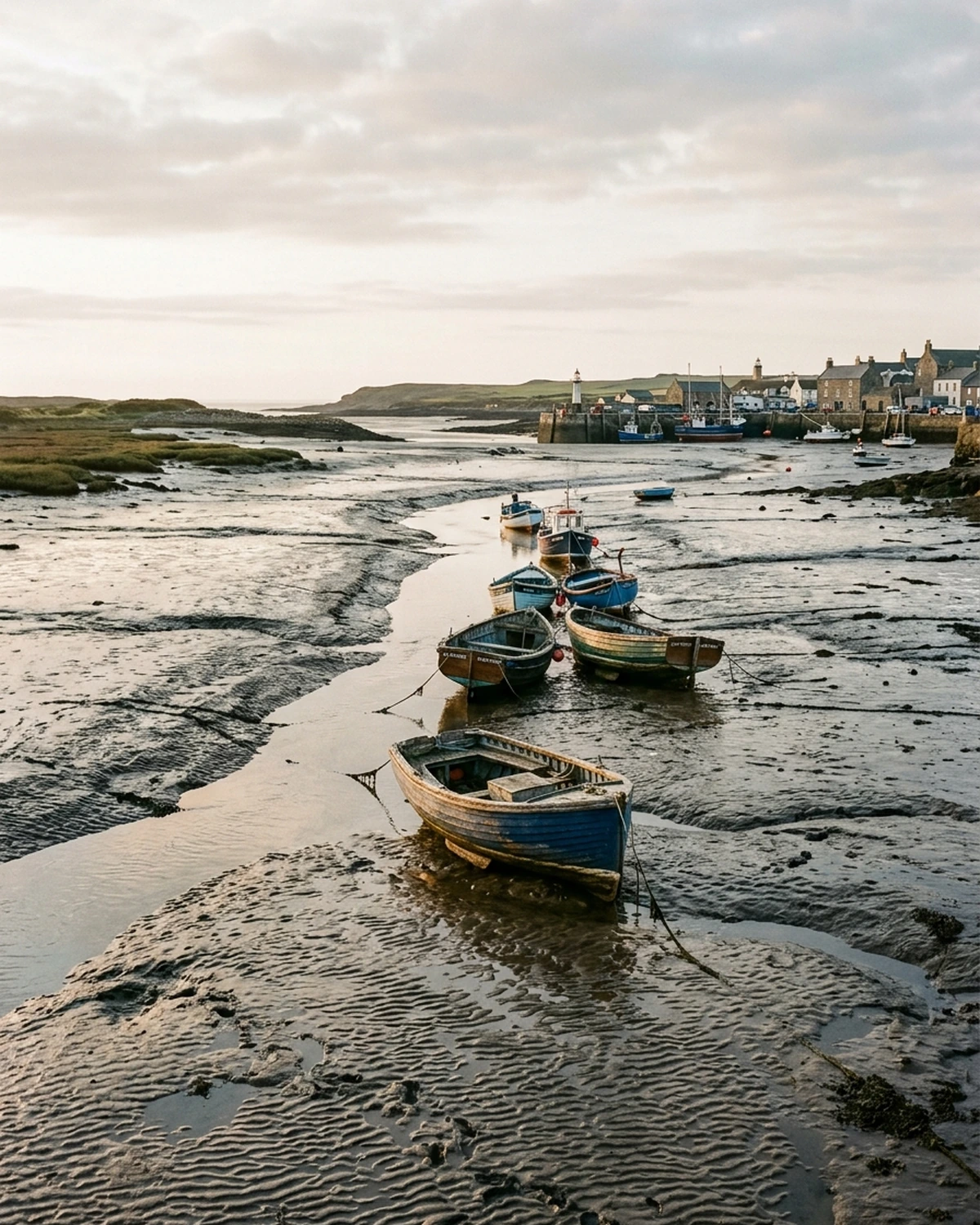 Fishing boats resting in shallow channels across a broad tidal flat at low tide