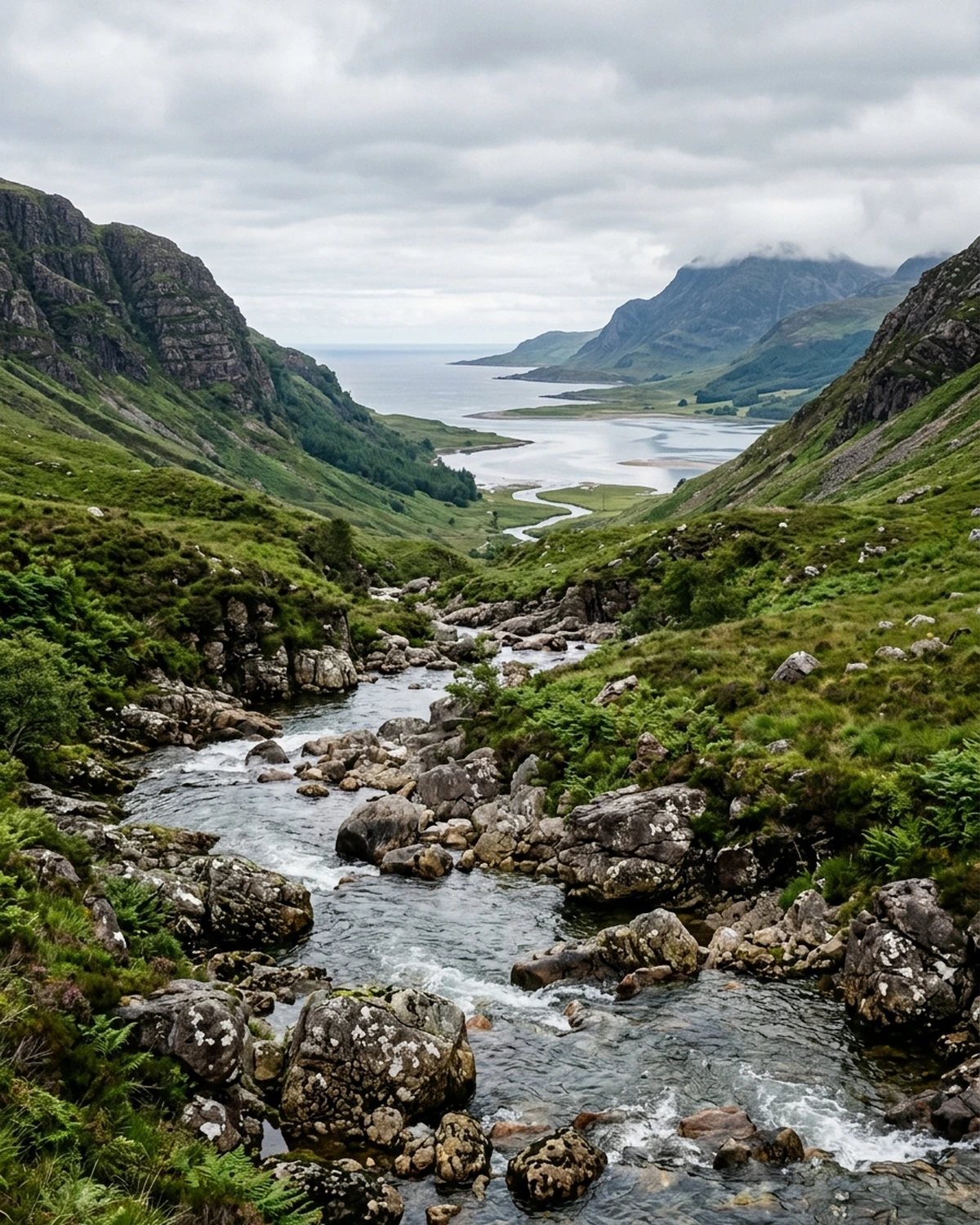 A rocky mountain stream descending through a green valley toward a coastal estuary