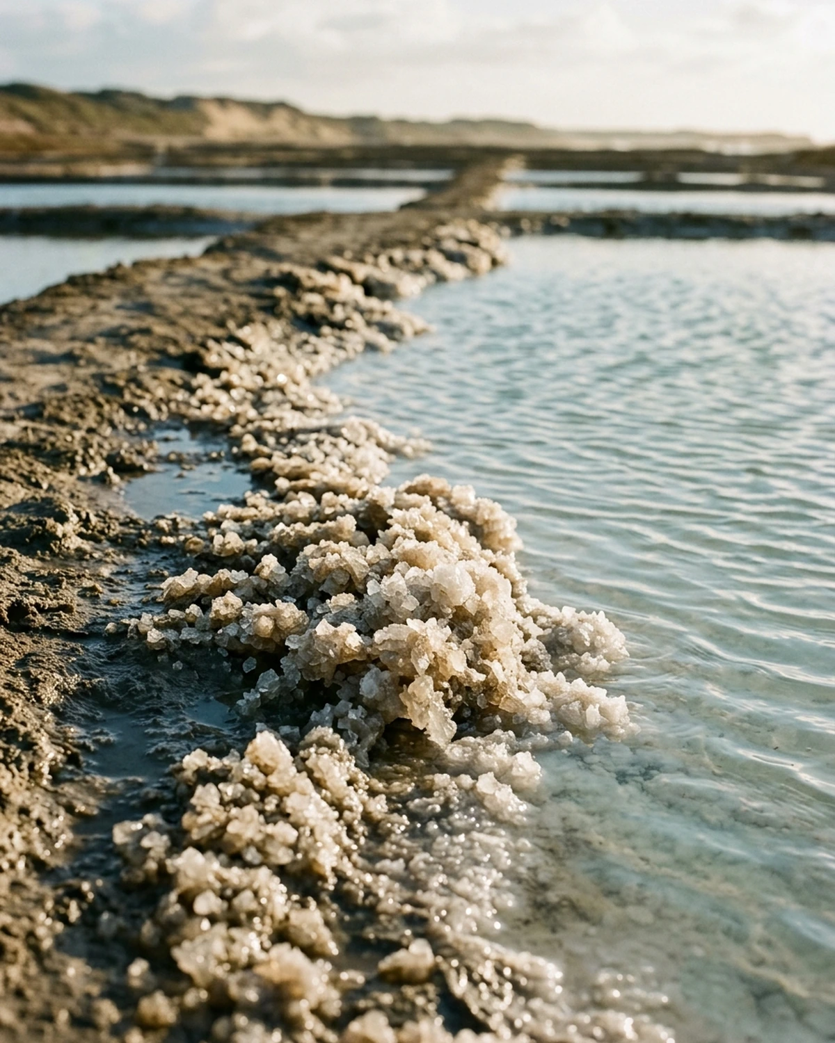 Sea salt crystals forming along the edge of a shallow coastal evaporation pond