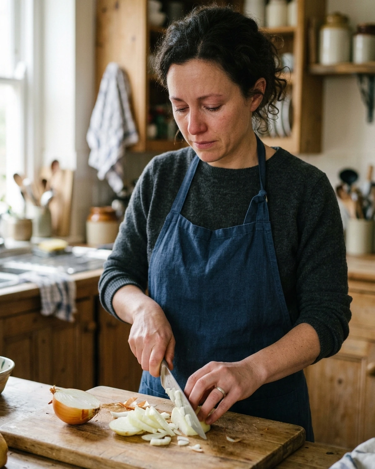 A cook with watering eyes slicing a yellow onion on a wooden board