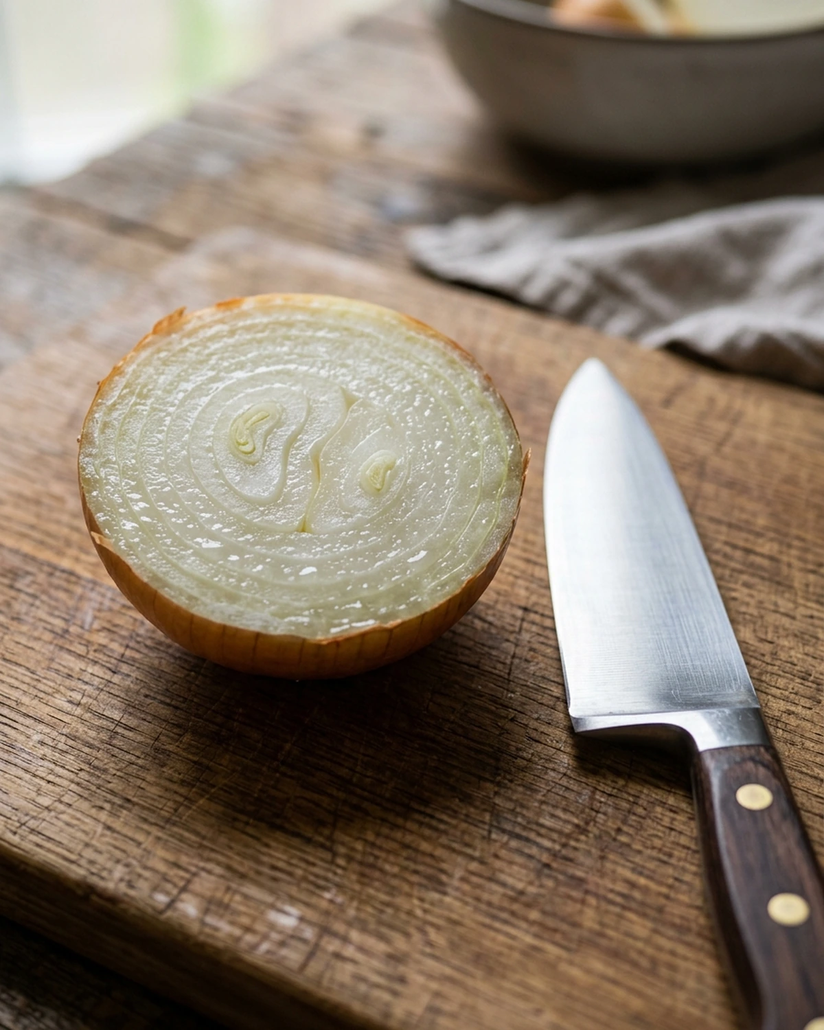 Close view of a moist freshly cut onion half beside a kitchen knife resting flat on a board