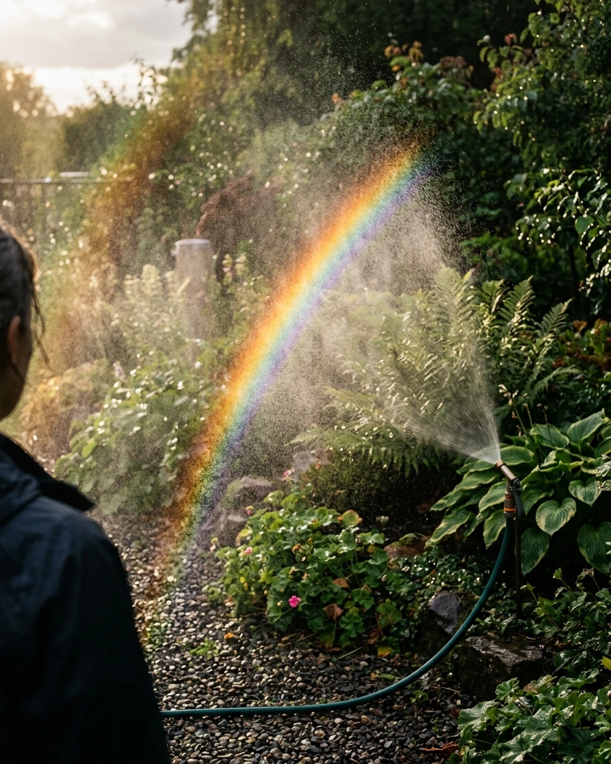 An observer watching a natural rainbow form in fine mist from a garden sprinkler