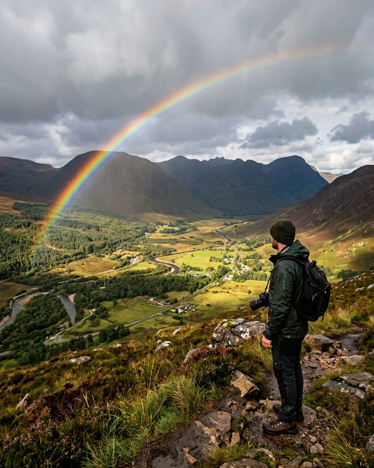 A broad primary rainbow arcing across a rain-washed mountain valley as an observer watches from level ground