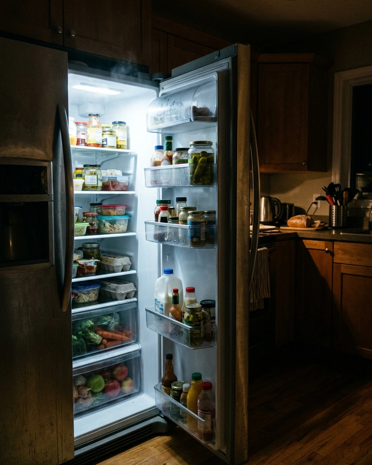 An open household refrigerator glowing in a dark kitchen with food arranged on its shelves