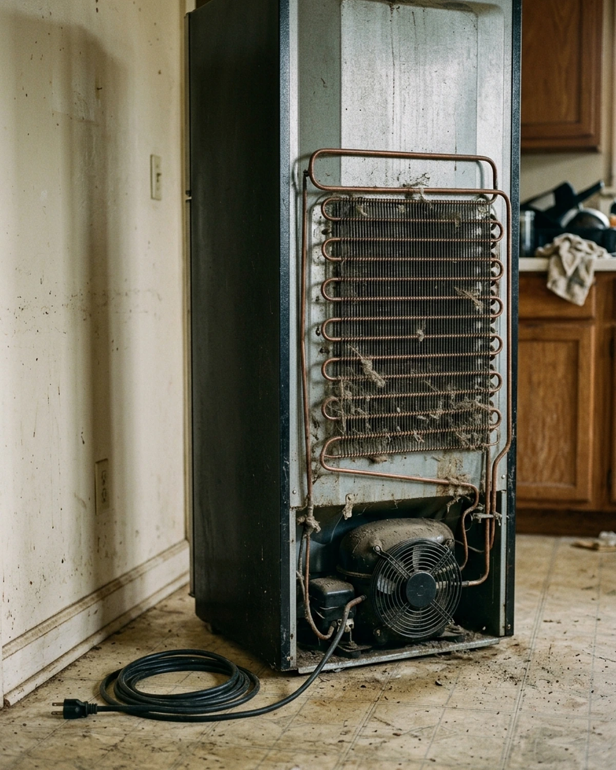 Rear service view of an unplugged refrigerator with condenser tubing, compressor and a disconnected power cord visible