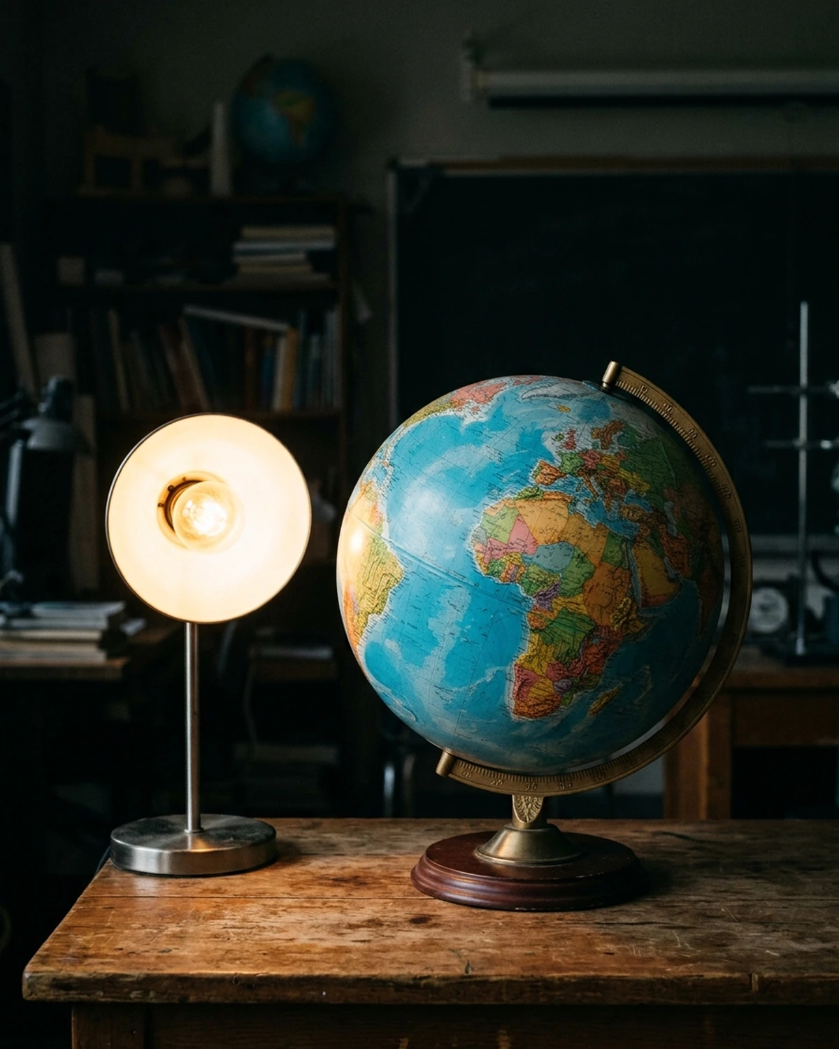 A classroom globe tilted beside a warm lamp with one hemisphere receiving more direct light