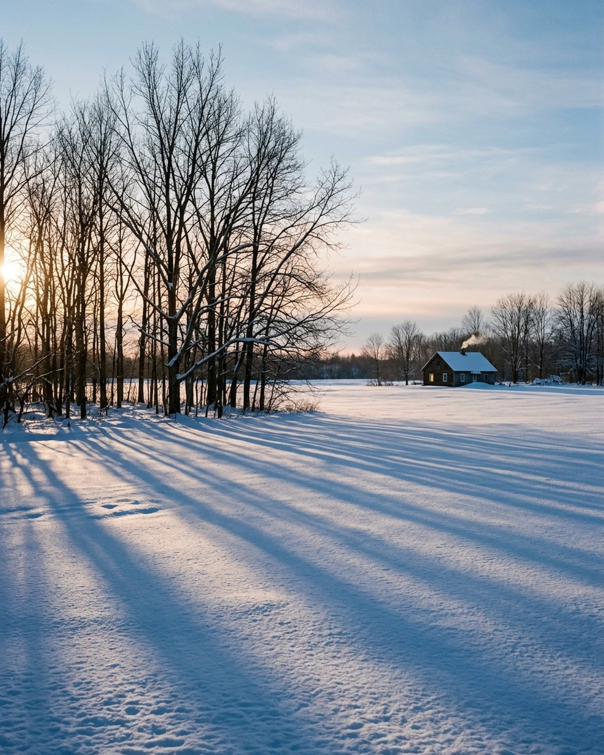 Low winter sunlight casting long blue shadows across a snow-covered field