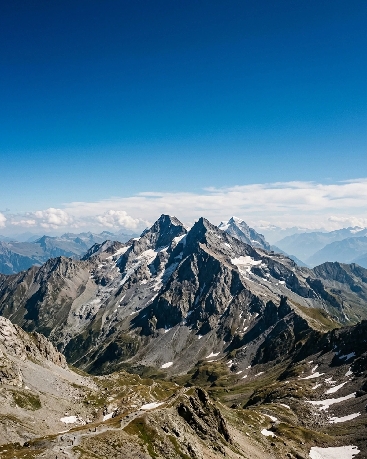 A rugged mountain range beneath a deep blue midday sky