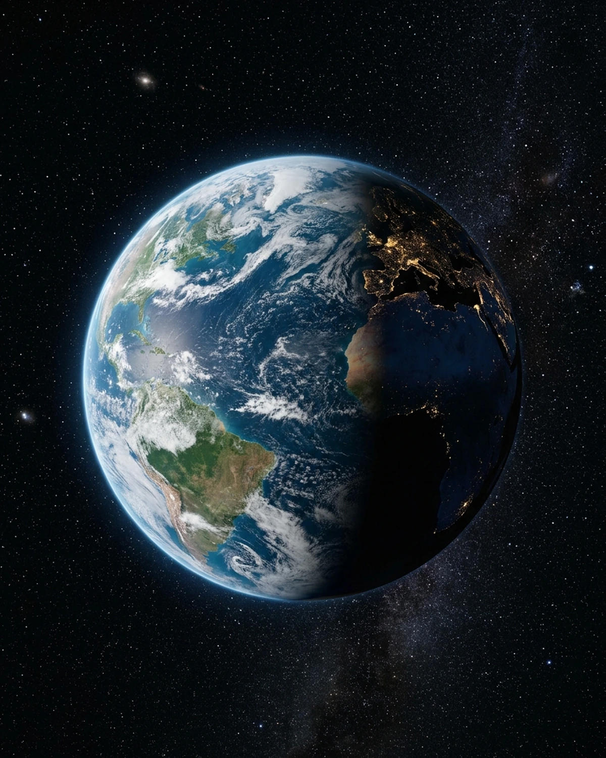 Earth seen from space with one hemisphere sunlit and the other dark with city lights