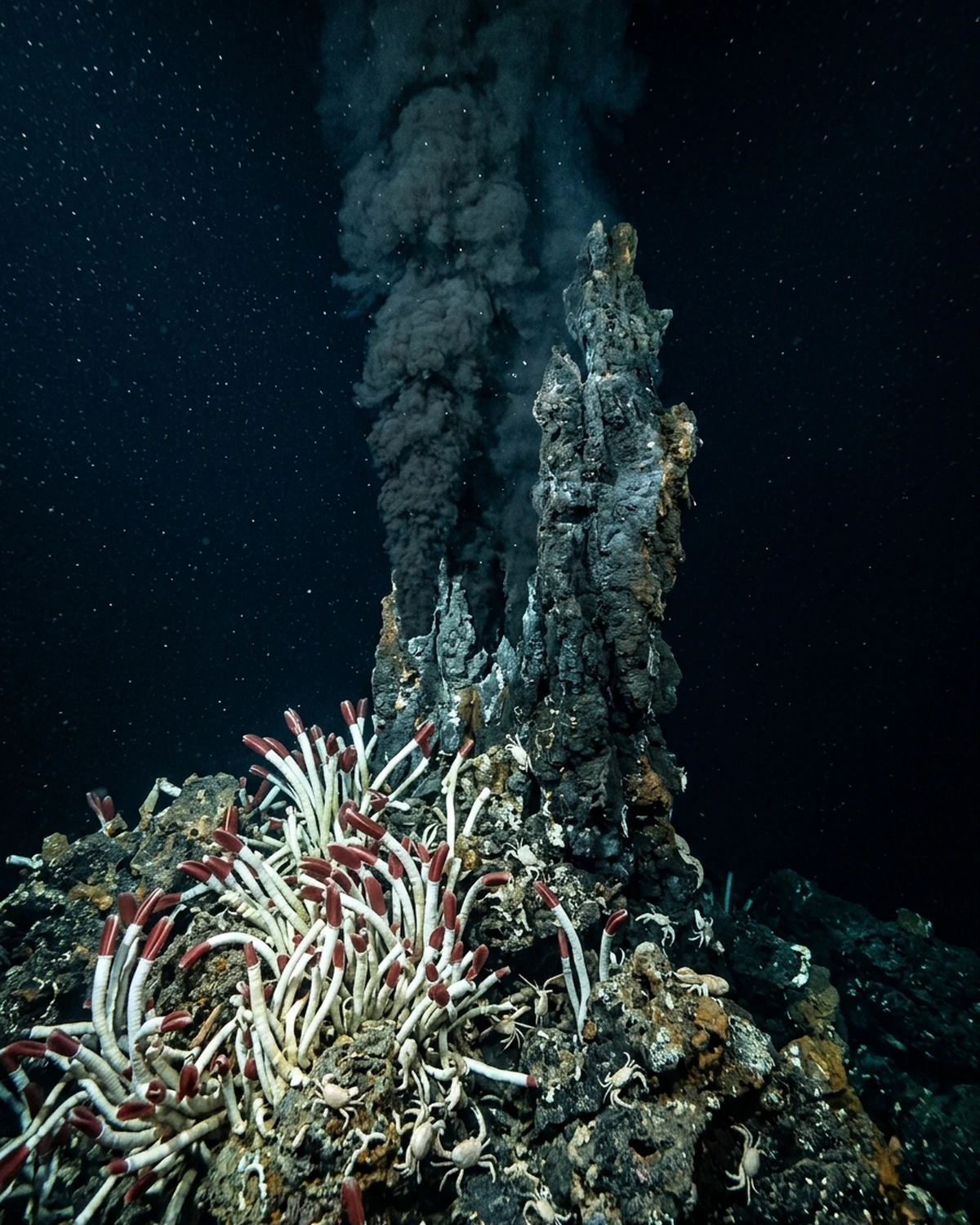 A deep-sea hydrothermal vent chimney surrounded by pale tubeworms in dark ocean water