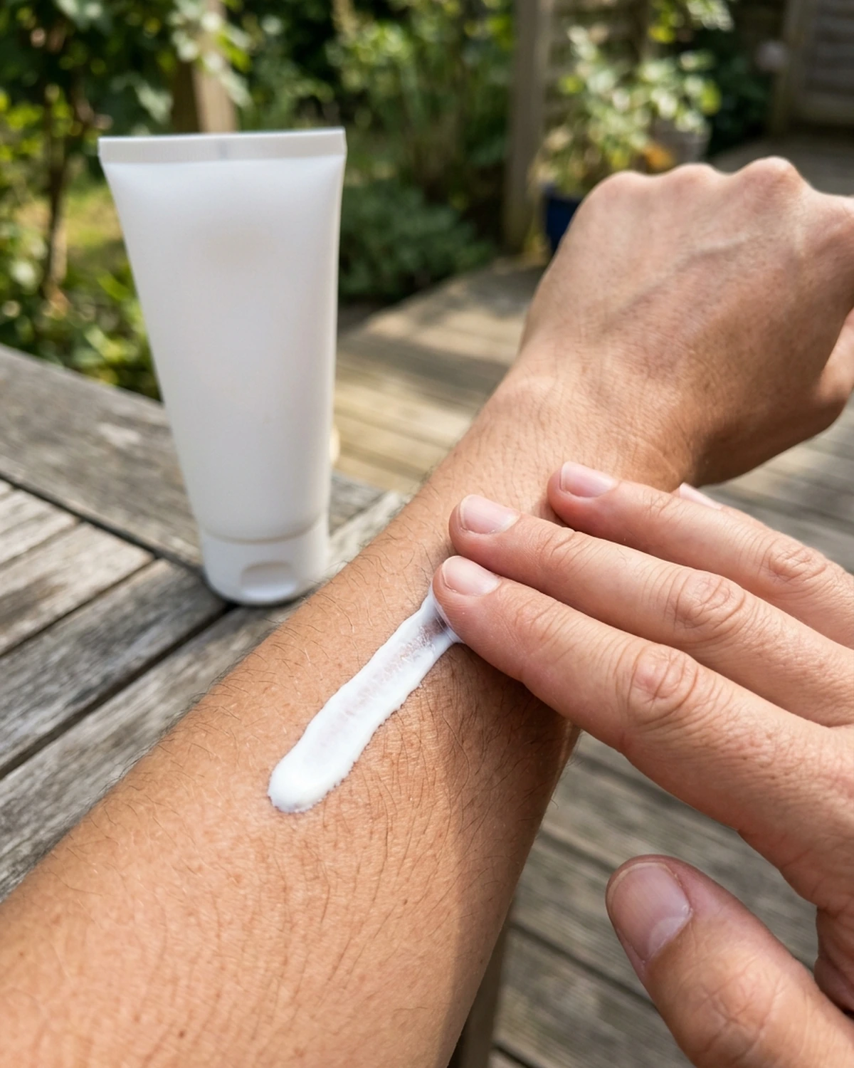 A hand spreading a visible line of white sunscreen along a forearm outdoors
