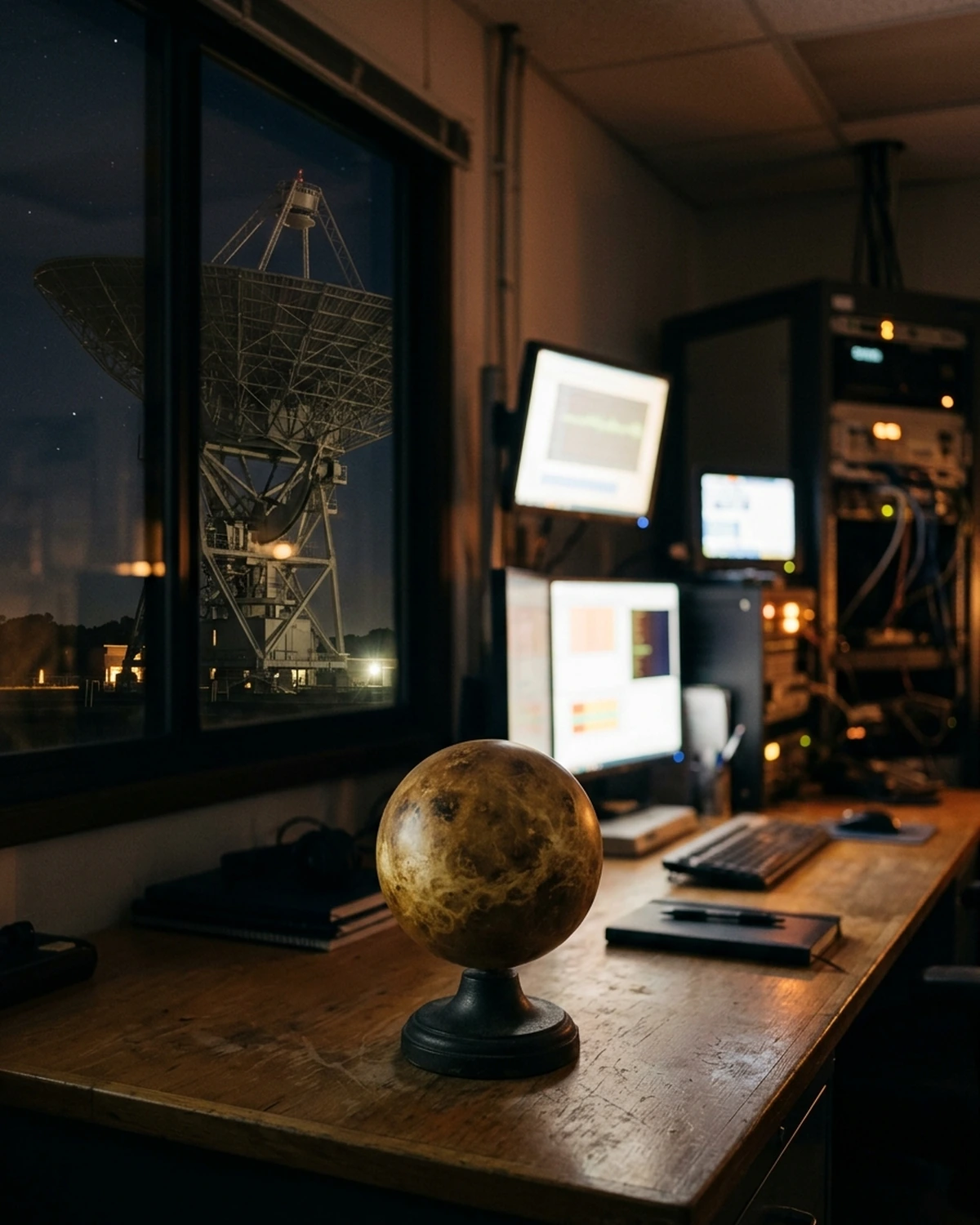 A small Venus globe on a radio-observatory desk with a large dish visible outside at night