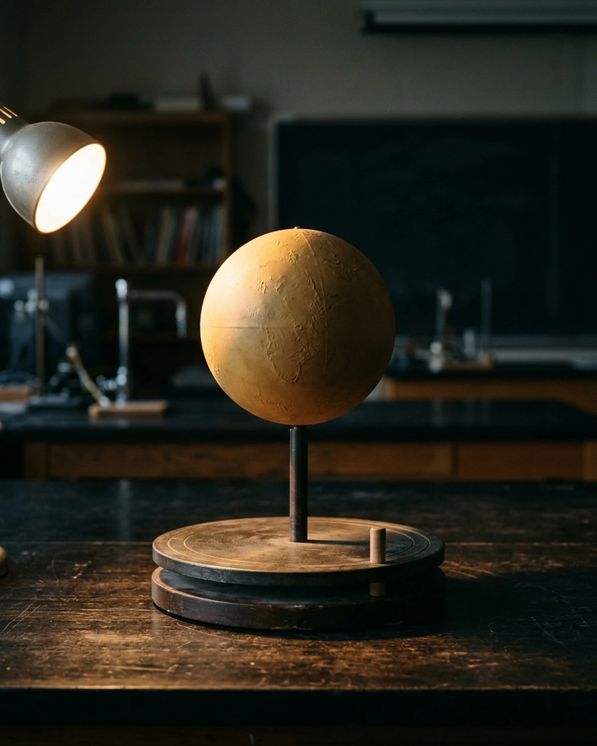 A matte ochre Venus globe on a turntable beside a warm lamp and a small fixed wooden marker