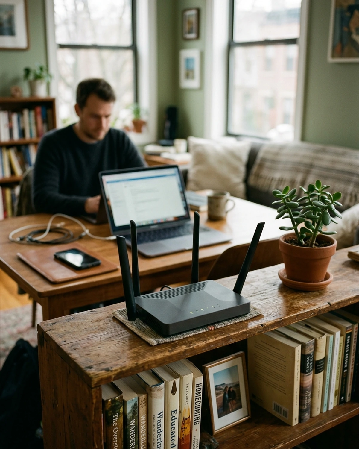 A home wireless router on an open shelf with a laptop and phone in the room behind it