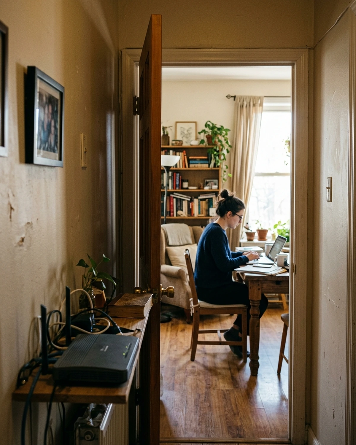 A wireless router in a hallway foreground with a person using a laptop through a doorway in a farther room